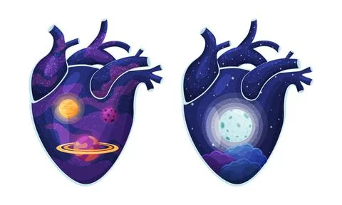 Space, planets and moon inside human hearts set vector illustration Ilustração Stock