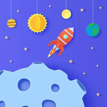 Space with planets and red rocket in paper cut style. Cut out 3d universe Stock Illustration