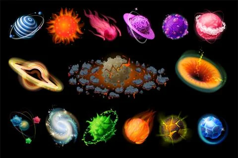 Space planets. Cartoon Universe elements, fire stones, ice comets, iron and gas Stock Illustration