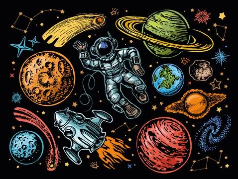Space with planets, comets, constellations and stars, spaceship and astronaut Illustrazione stock