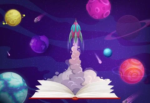 Space planets, rocket launch from opened book Stock Illustration