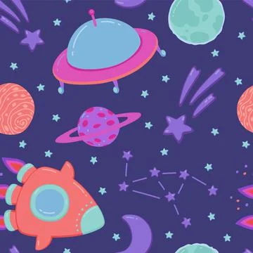 Space with planets, rockets constellation and stars a cartoon seamless pattern イラスト素材