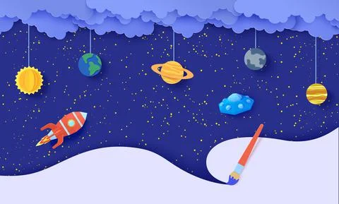 Space with planets on rope flying red polygonal rocket and UFO in paper cut Stock Illustration