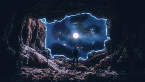 Space Portal Open Man Inside Cave Looking Solar System Planets Stock Footage 167410346