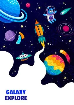 Space poster. Alien, UFO, spaceship and planets Stock Illustration