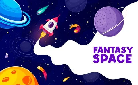 Space poster. Cartoon rocket, planets, asteroids Stock Illustration