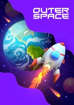 Space poster with rocket launch and earth planet Stock Illustration