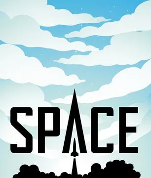 Space Poster of a Rocket Launch Over a Bright Blue Night Sky with Black Text Ilustração Stock