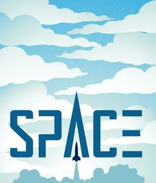 Space Poster of a Rocket Launch Over a Light Blue Night Sky with Futuristic.. Ilustração Stock