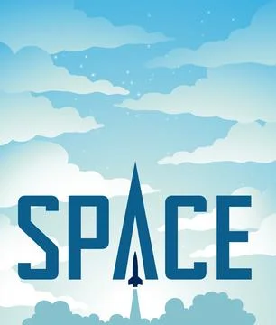 Space Poster of a Rocket Launch Over a Light Blue Starry Night Sky Ilustração Stock