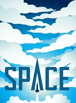 Space Poster of Rocket Launch Over a Blue Cloudy Night Sky Stock Illustration