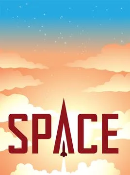 Space Poster of Rocket Launch Over a Colorful Starry Night Sky Ilustração Stock