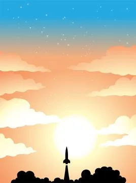 Space Poster of Rocket Launch Silhouette Over a Colorful Starry Sky Ilustração Stock