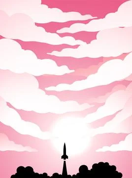Space Poster of Rocket Launch Silhouette Over a Pink Cloudy Sky Ilustração Stock