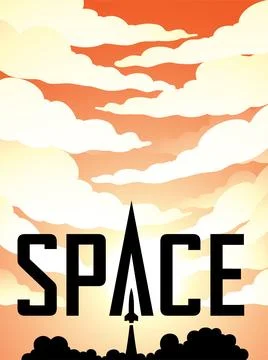 Space Poster of Rocket Launch Silhouette Over Orange Cloudy Sky with Black Te Ilustração Stock