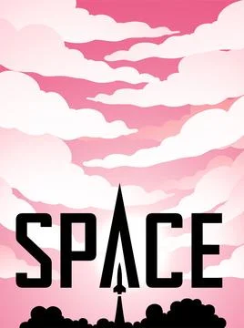 Space Poster of Rocket Launch Silhouette Over Pink Cloudy Sky with Black Text Ilustração Stock