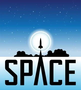 Space Poster of Rocket Launching Over Blue Night Sky and the Moon Ilustração Stock