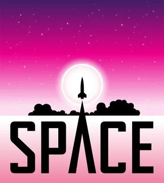 Space Poster of Rocket Launching Over Pink Night Sky and the Moon Ilustração Stock