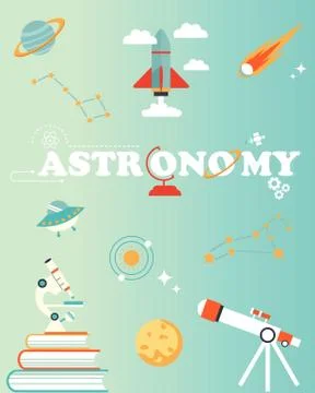 Space poster with set of icons rocket, planet, telescope, microscope comet Stock Illustration