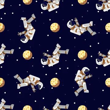Space print. Flat Funny flying astronaut in space with stars and moon. Seamle Stock Illustration