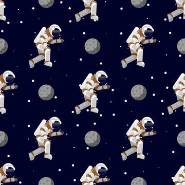 Space print. Seamless pattern Flat Funny flying astronaut in space with stars Stock Illustration