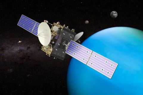 Space probe orbiting Uranus, 3D rendering Illustrazione stock