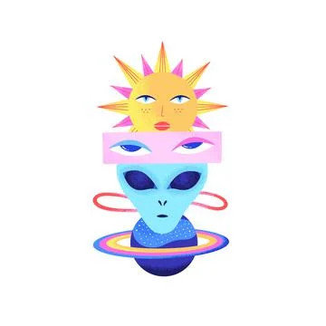 Space psychedelic composition of alien head, planet, sun, woman eyes isolated Illustrazione stock