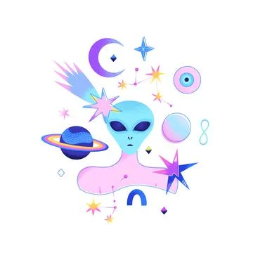 Space psychedelic composition of alien with woman body, planets, stars, const Stock Illustration