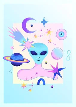 Space psychedelic poster with alien head, human body, planets, stars, comet,  Stock Illustration