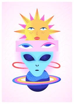 Space psychedelic poster with alien head, human eyes, plane, sun and pink bac Stock Illustration