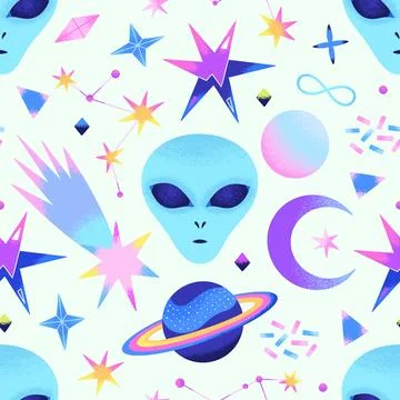 Space psychedelic seamless pattern with alien head, planets, stars and conste Stock Illustration