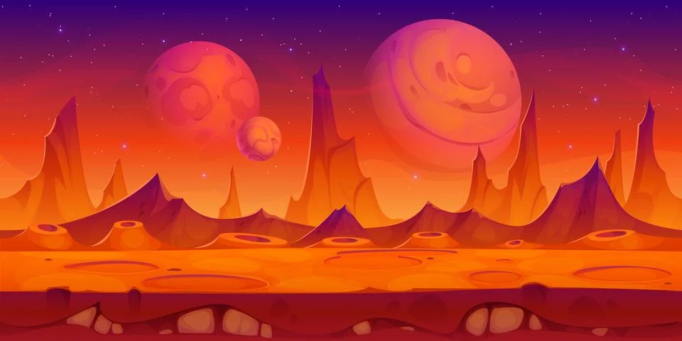 Space red planet surface mars desert and mountains Stock Illustration