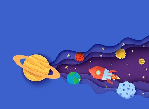 Space with red rocket and planets in paper cut style. Cut out 3d universe Stock Illustration
