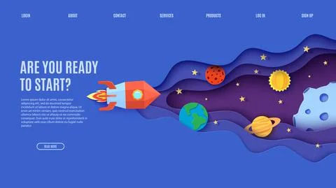 Space with red rocket and planets in paper cut style. Web page design template Stock Illustration