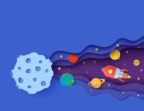 Space with red rocket and planets in paper cut style. Cut out 3d universe Stock Illustration