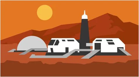 Space research base on mars surface at sunset with research astronomy facilit 스톡 일러스트