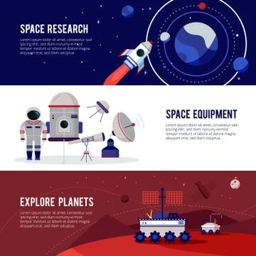 Space Research Flat Horizontal Banners Set Stock Illustration