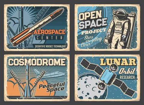 Space research program retro banners, old plates Stock Illustration