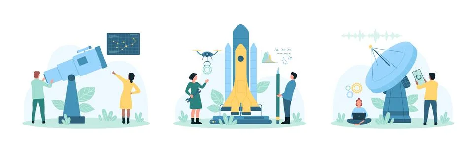 Space research set, tiny people connect to radar, launch rocket, look through イラスト素材