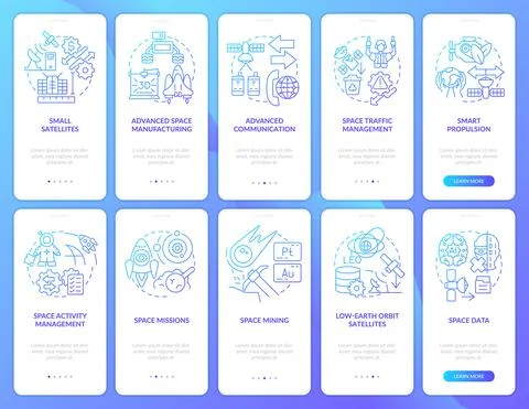 Space research tech blue gradient onboarding mobile app screen set Illustrazione stock