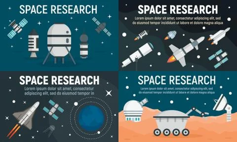 Space research technology banner set, flat style Illustrazione stock
