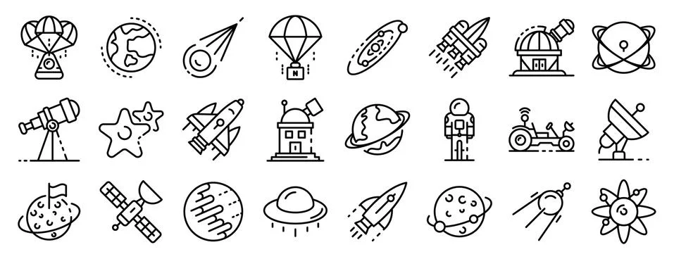 Space research technology icons set, outline style Illustrazione stock