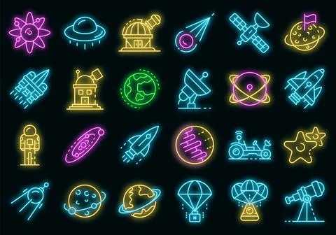 Space research technology icons set vector neon Illustrazione stock