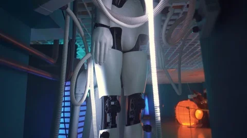Space robot helper battery charging LED bulbs around. Inside alien ship. Cyborg  Stock Footage 98865940