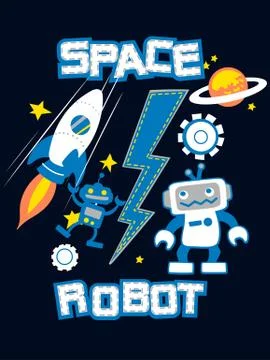 Space robot with rocket planet embroidery Stock Illustration