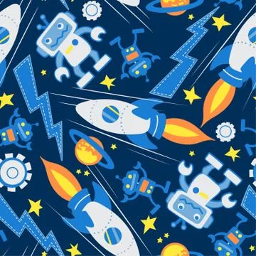 Space robot seamless pattern in space Stock Illustration