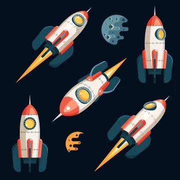 Space Rocket in 3d cartoon style - set from several angles Stock Illustration