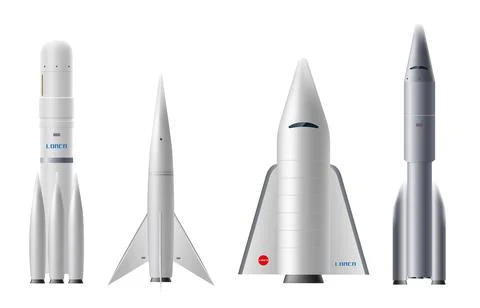 Space rocket 3D realistic vector set. Shuttle and spacecraft, spaceship with Stock Illustration