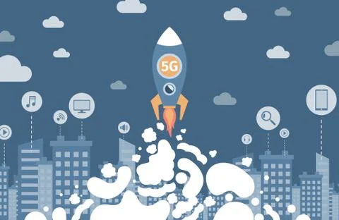 Space rocket with 5G flying to the sky vector flat illustration. 5G wireless Stock Illustration