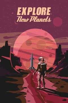 Space Rocket and alien planets, mountain landscape Illustrazione stock